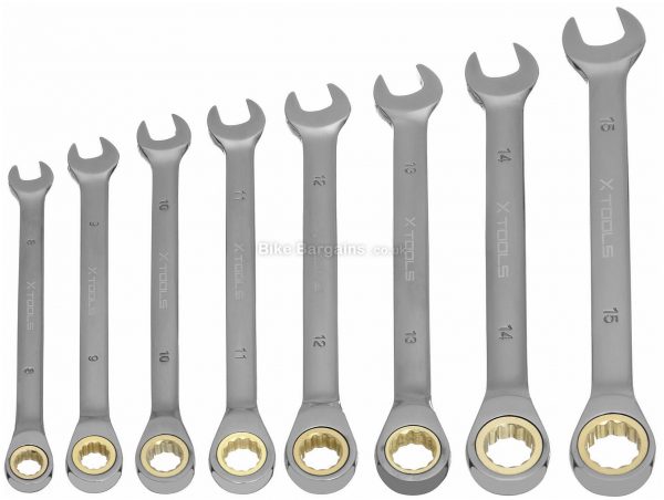 X-Tools CRV Ratchet Spanner Set 8mm, 9mm, 10mm, 11mm, 12mm, 13mm, 14mm, 15mm, Steel, Silver, Wrenches