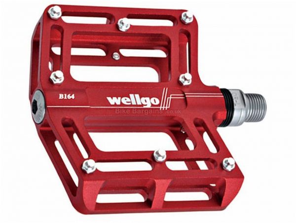 Wellgo B164 CNC Flat Pedals Flat, MTB, 372g, Alloy, Steel, Red, Silver, 9/16"
