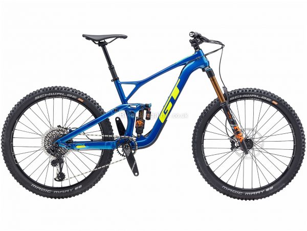 GT Force Carbon Pro 27.5 Full Suspension Mountain Bike 2020 XL, Blue, Yellow, 12 Speed, Carbon Frame, Disc Brakes, 27.5" wheels