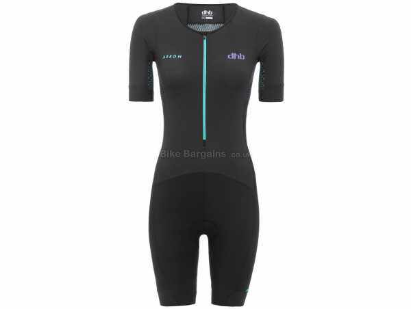 dhb Aeron Ladies Short Sleeve Triathlon Suit 14, Black, Ladies, Short Sleeve, Zip, Breathable, Polyester, Elastane, Polyamide