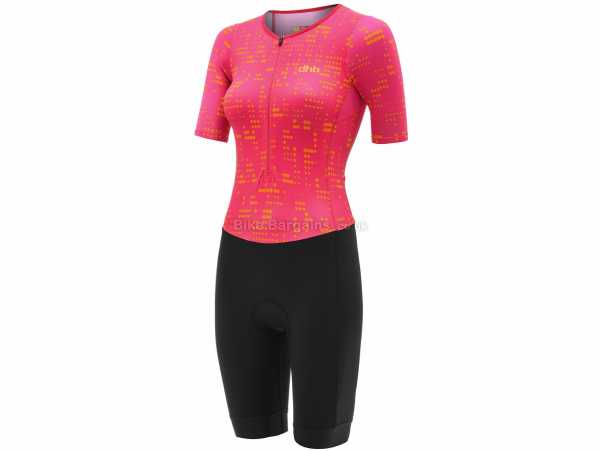 dhb Moda Ladies Hibiscus Short Sleeve Triathlon Suit 6, Black, Pink, Ladies, Short Sleeve, Zip, Breathable, Polyamide, Elastane, Polyester, Elastane