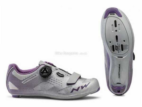 Northwave Storm Ladies Road Shoes 42, Silver, Purple, Ladies, Boa & Velcro fastening, made from Carbon, Synthetic Leather, Velcro