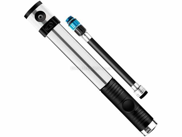Crank Brothers Klic HV Mini Pump Alloy Mini Pump for Presta & Schrader valves, 110psi, weighs 124g, measures 220mm, Black, Silver, Blue