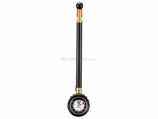 Lezyne Shock Drive Suspension Pump Alloy Shock Pump for Schrader valves, 400psi, weighs 108g, measures 258mm, Black, Gold