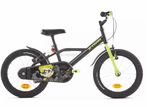 B'Twin 500 Dark Hero 16" Kids Bike One Size, Black, Yellow, Steel Frame, Single Speed, Caliper Brakes, Single Chainring, 9.1kg, 16" Wheels