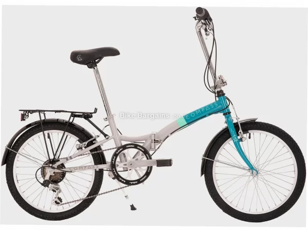 Compass Northern Steel Folding Bike One Size, Grey, Turquoise, Steel, 20", 6 Speed, Hardtail, Caliper Brakes, Single Chainring, 16kg