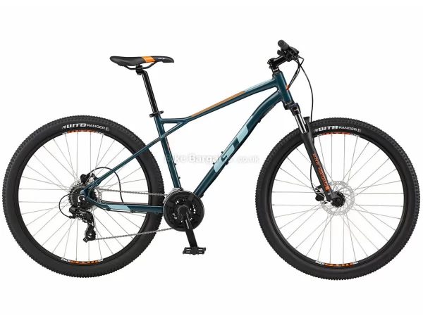 GT Aggressor Expert 29 Alloy Hardtail Mountain Bike 2021 S, Silver, Blue, Disc Brakes, Triple Chainring, 24 Speed, Hardtail, 29", Alloy